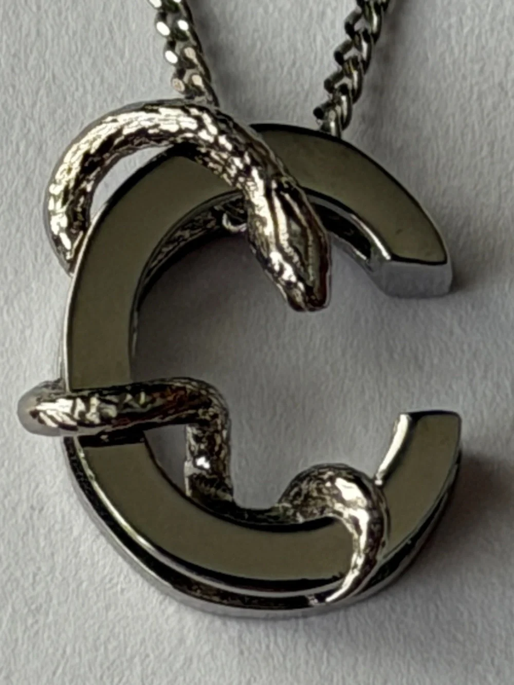 Saint Laurent YSL Sterling Silver C Initial Letter Snake Pendant Chain Necklace